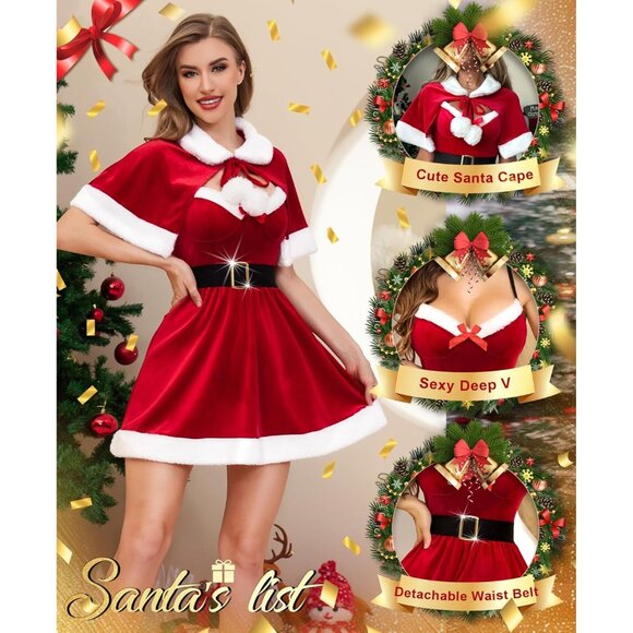 Christmas Dress for Women Santa Babydoll Mrs Claus Velvet Costume Lingerie Set - Picture 3 of 5